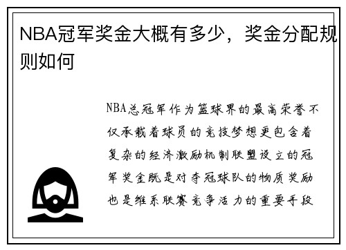 NBA冠军奖金大概有多少，奖金分配规则如何